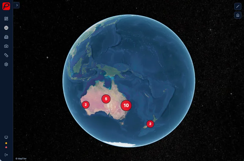 SiteView 3D globe with construction site pins and clustering